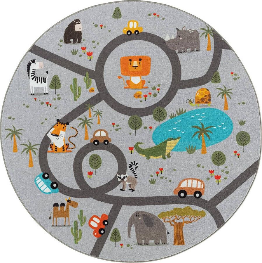 the carpet Happy Life kinderkamer kindertapijt speeltapijt wasbaar straattapijt straat jungle dieren auto grijs 200 cm rond