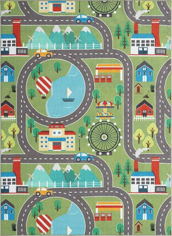 the carpet Happy Life kinderkamer kindertapijt speeltapijt wasbaar straattapijt straat stad auto groen 200 x 200 cm vierkant