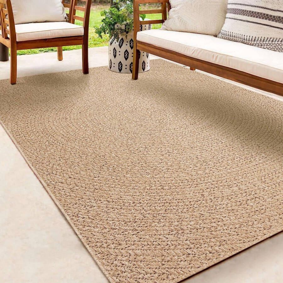 The carpet Jute look vloerkleed 160x230 cm laagpolig -voor binnen en buiten Rechthoek natuurlijke look voor tuin balkon terras of binnen indoor kleed of buitentapijt of tuintapijt KANSAS by