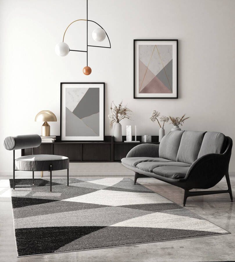 The carpet Pearl Modern Dichte Laagpolig Woonkamer Slaapkamer Vloerkleed Contour gesneden Geometrisch Patroon Golfpatroon Grijs 160 x 220 cm - Foto 3