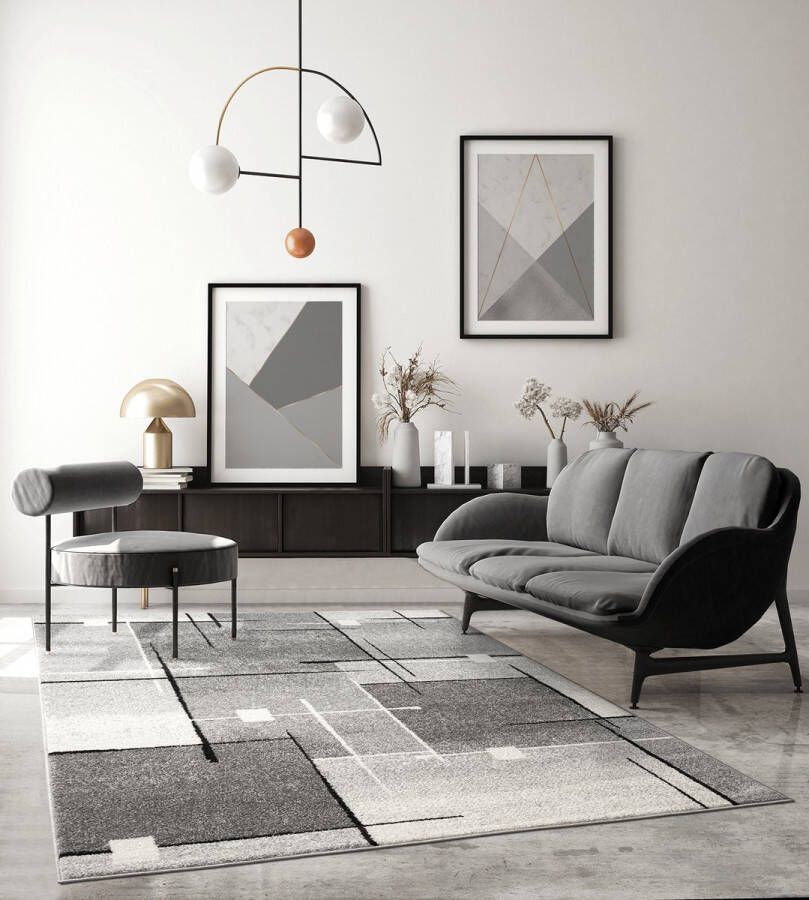 The carpet Pearl Modern Dichte Laagpolig Woonkamer Slaapkamer Vloerkleed Contour gesneden Geometrisch Patroon Golfpatroon Grijs 200 x 280 cm - Foto 2