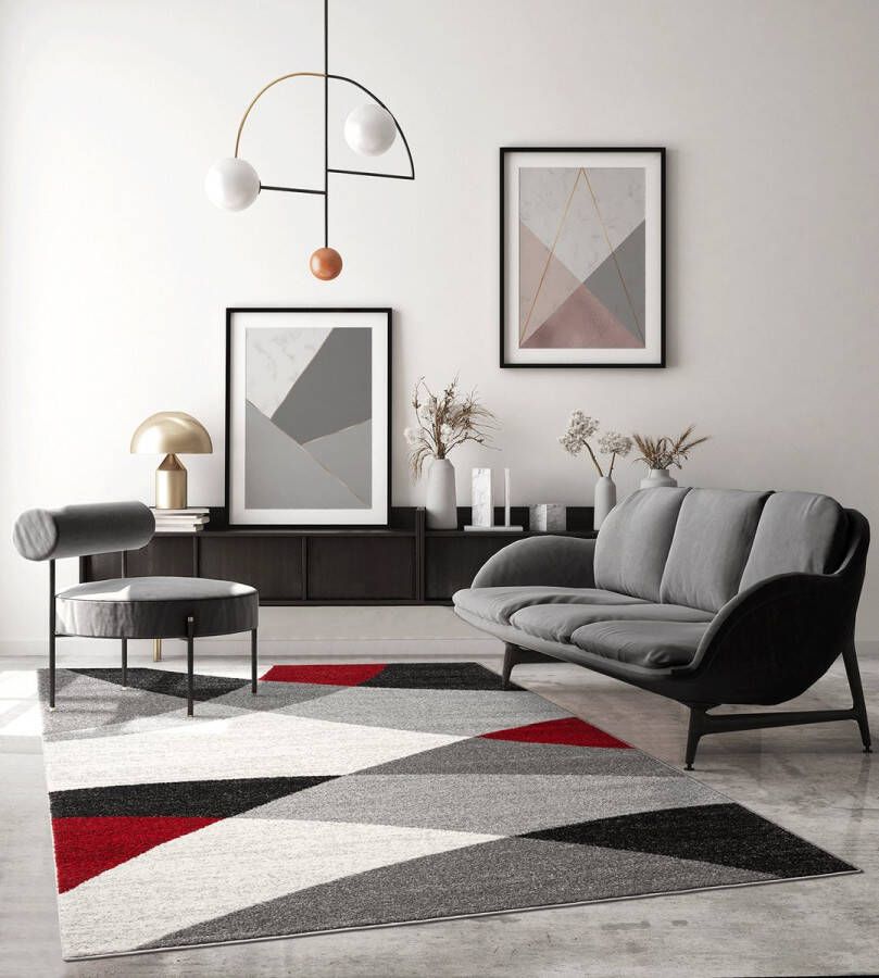 The carpet Pearl Modern Dichte Laagpolig Woonkamer Slaapkamer Vloerkleed Contour gesneden Geometrisch Patroon Golfpatroon Grijs Rood 120 x 160 cm