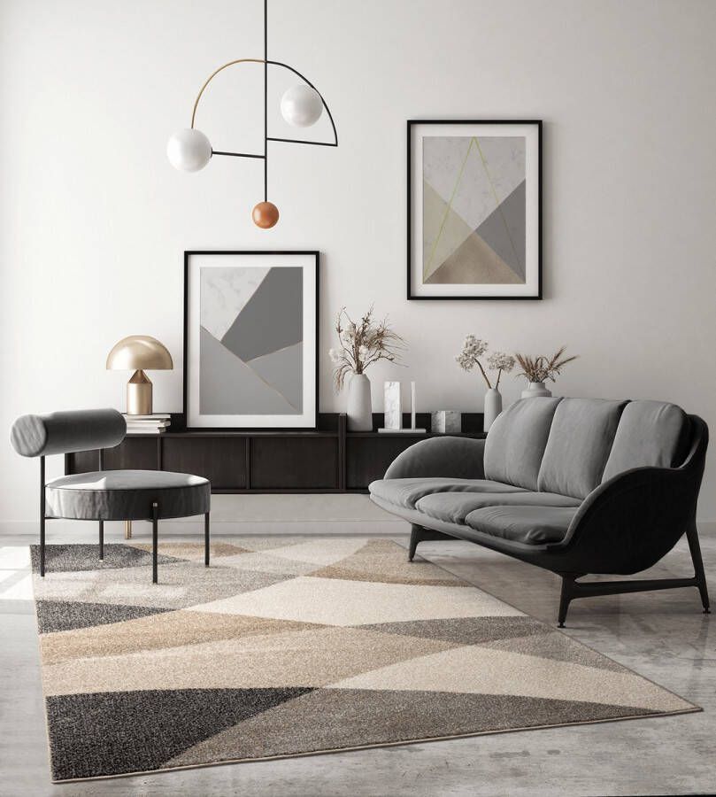 The carpet Pearl Modern Dichte Laagpolig Woonkamer Slaapkamer Vloerkleed Contour gesneden Geometrisch Patroon Golfpatroon Beige 240 x 330 cm