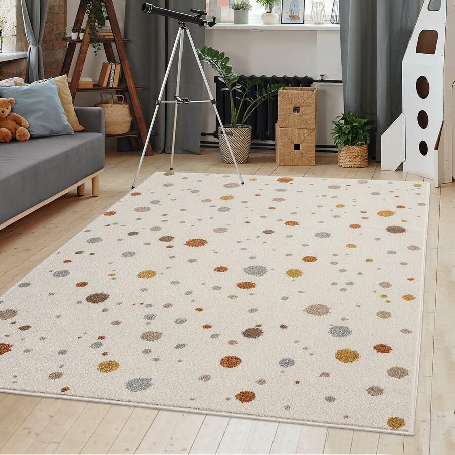 The carpet Beat Kids Kinderkleed – Bonte stippen Zacht laagpolig Onderhoudsvriendelijk Oeko-Tex gecertificeerd Allergievriendelijk Geschikt voor robotstofzuigers Kindvriendelijk design Crème 200 x 280 cm