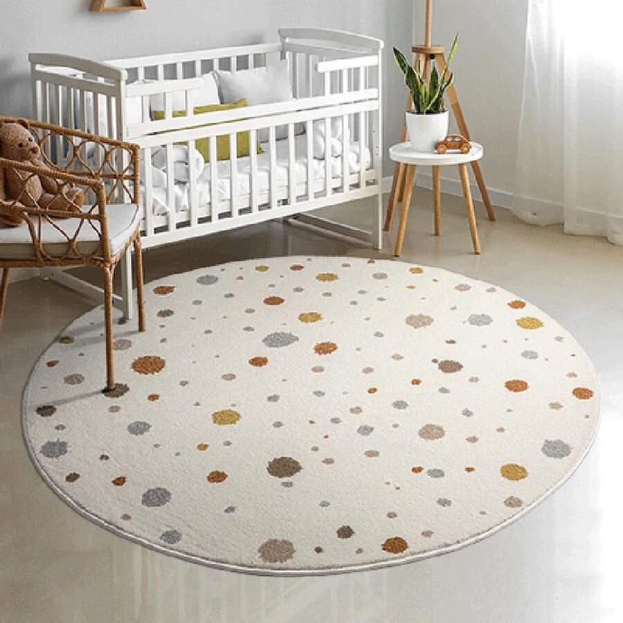 The carpet Beat Kids Kinderkleed – Bonte stippen Zacht laagpolig Onderhoudsvriendelijk Oeko-Tex gecertificeerd Allergievriendelijk Geschikt voor robotstofzuigers Kindvriendelijk design Crème 120 cm round