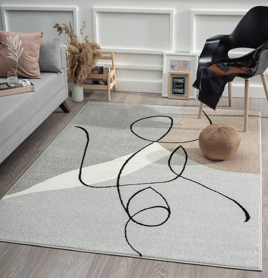 The carpet Beat – Modern vloerkleed woonkamer slaapkamer abstract lijnontwerp grijs beige met abstract zwart lijnmotief 200 x 280 cm