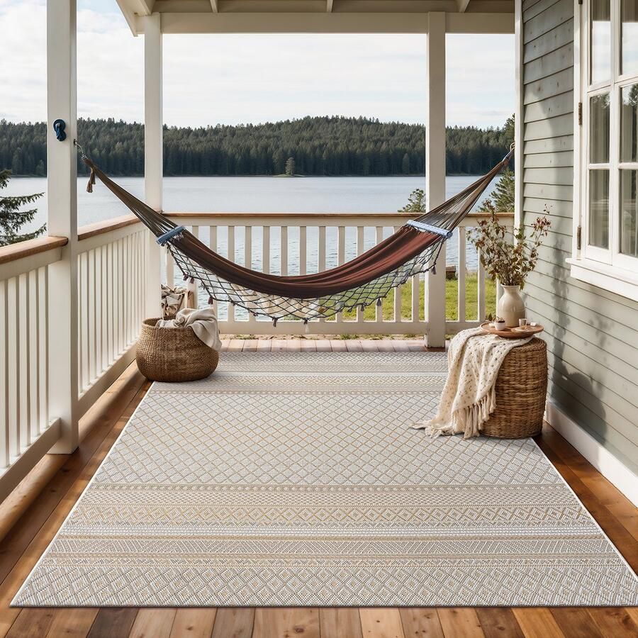 The carpet Calgary robuust buitenkleed modern weerbestendig & UV-bestendig geschikt voor balkon terras en serre Boho- en Vintage-ontwerp beige 160 x 220 cm