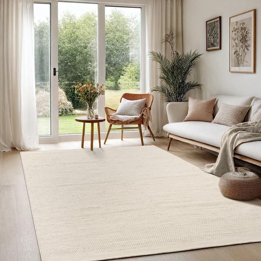The carpet Deluxe Wol Handgeweven wollen vloerkleed in een natuurlijke Scandinavische boho-look CreamBeige 240 x 340 cm