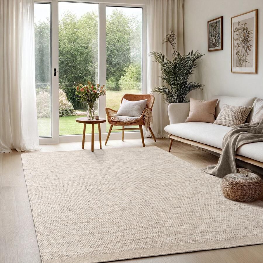The carpet Deluxe Wol Handgeweven wollen vloerkleed in een natuurlijke Scandinavische boho-look Taupe 160 cm