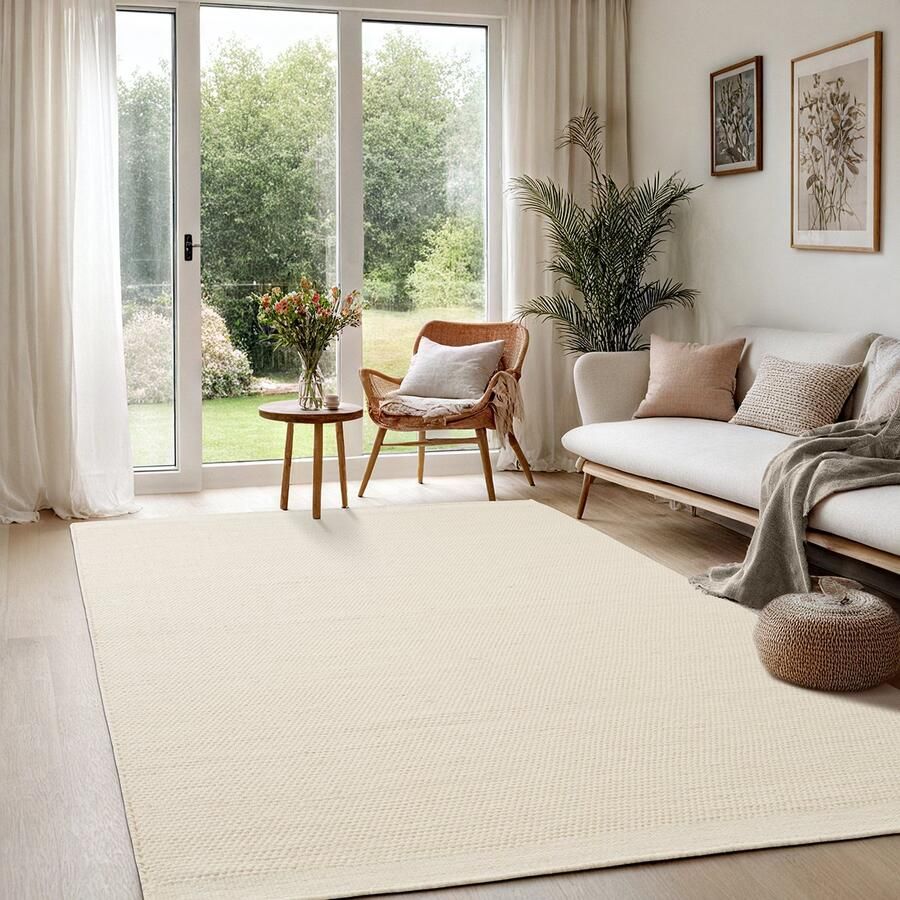 The carpet Deluxe Wol Handgeweven wollen vloerkleed in een natuurlijke Scandinavische boho-look Cream 200 x 290 cm