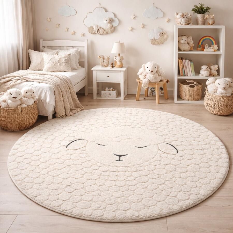 The carpet Elisa – Rond Kinder Vloerkleed & Speelkleed voor Kinderkamer – Onderhoudsvriendelijk & Duurzaam – Crème – Ø 120 cm rond - Foto 2