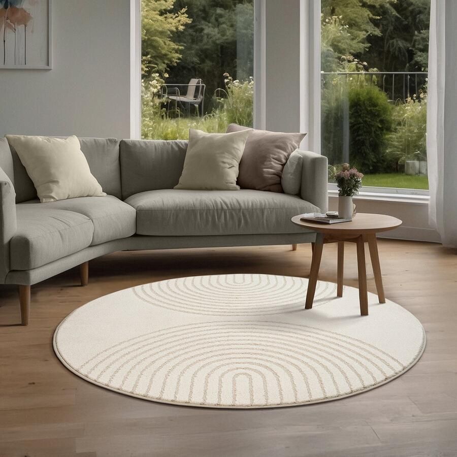 The carpet Elisa – zacht hoogpolig woonkamer vloerkleed modern design tapijt met geometrisch patroon crème 120 cm rond