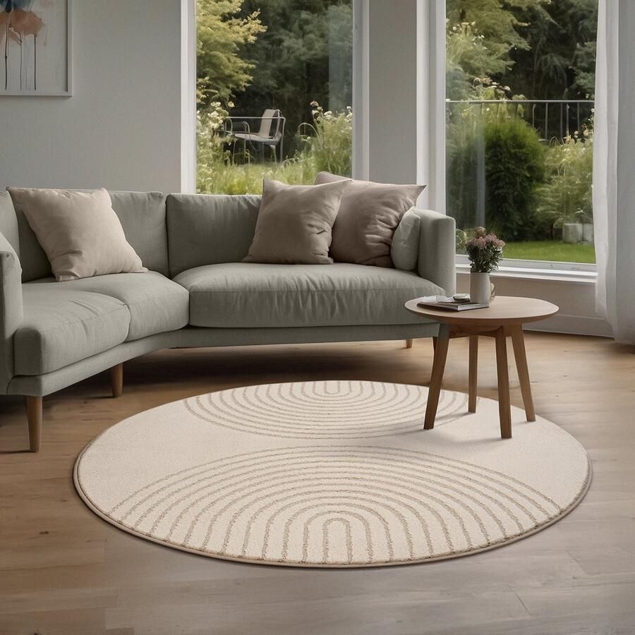 The carpet Elisa – zacht hoogpolig woonkamer vloerkleed modern design tapijt met geometrisch patroon beige 120 cm rond