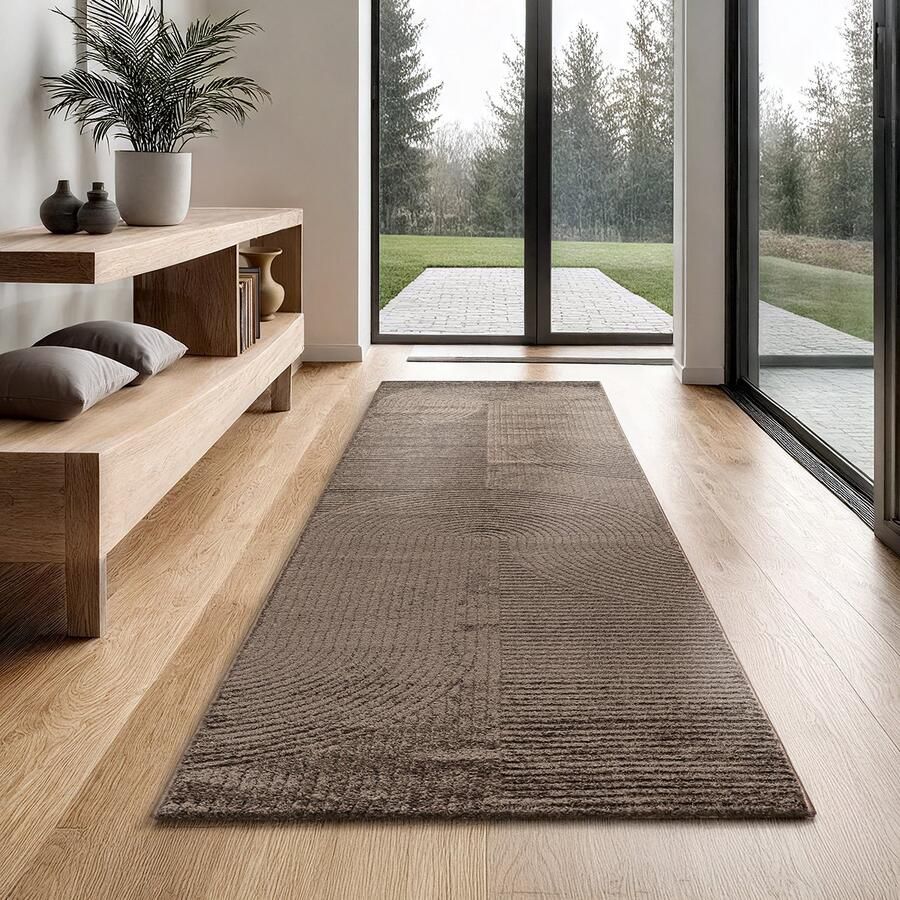 The carpet Everest modern kortpolig vloerkleed met Panglao-design hoog-laag 3D-effect hoge pooldichtheid zacht en comfortabel – voor woonkamer of slaapkamer bruin 80 x 300 cm