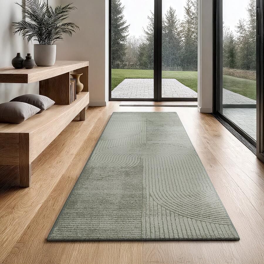 The carpet Everest modern kortpolig vloerkleed met Panglao-design hoog-laag 3D-effect hoge pooldichtheid zacht en comfortabel – voor woonkamer of slaapkamer groen 80 x 300 cm