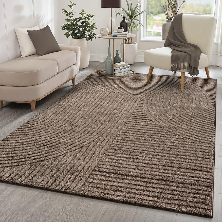 The carpet Everest modern kortpolig vloerkleed met Panglao-design hoog-laag 3D-effect hoge pooldichtheid zacht en comfortabel – voor woonkamer of slaapkamer bruin 240 x 340 cm - Foto 2