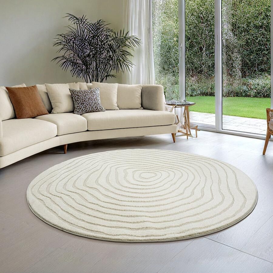 The carpet Everest – vloerkleed met moderne korte pool hoog-laag effect 3D-effect hoge pooldichtheid en aangenaam zacht met boomringpatroon crème 160 cm rond