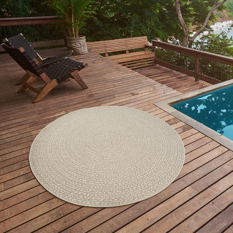 The carpet Kansas – Robuust in- en outdoor vloerkleed met een natuurlijke jute-look weerbestendig geschikt voor terras en tuin Cream 080 cm rond