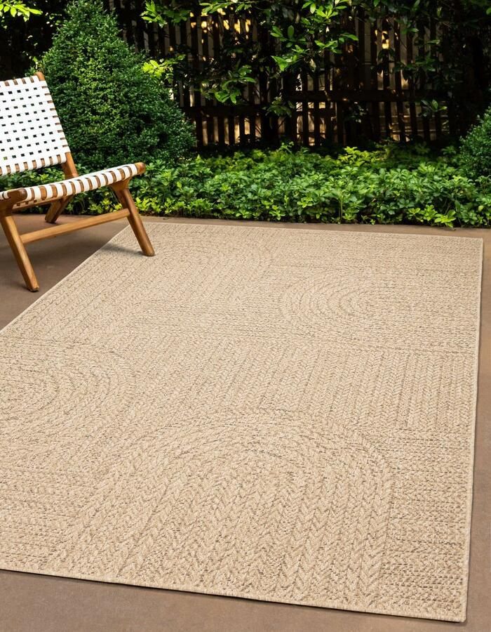 The carpet Kansas Robuust In- en Outdoor vloerkleed natuurlijk jute-look met cirkelmotief weerbestendig geschikt voor terras en tuin 300 x 400 cm