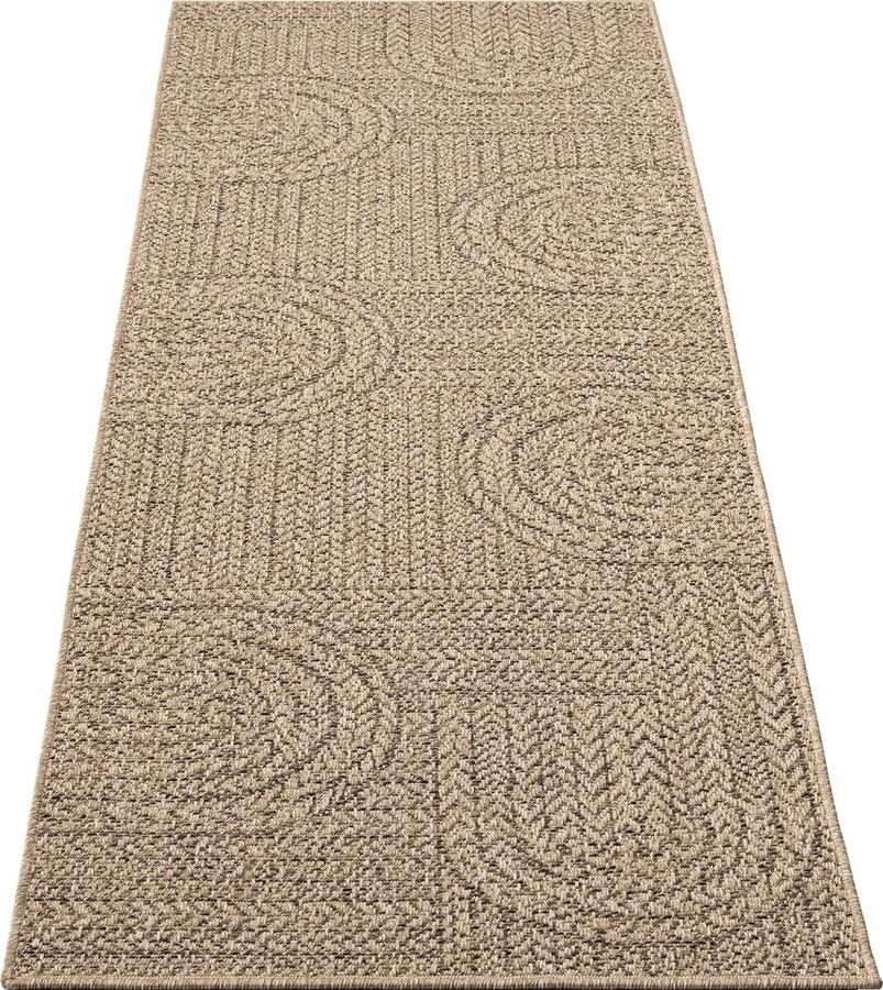 The carpet Kansas Robuust In- en Outdoor vloerkleed natuurlijk jute-look met cirkelmotief weerbestendig geschikt voor terras en tuin 80 x 250 cm