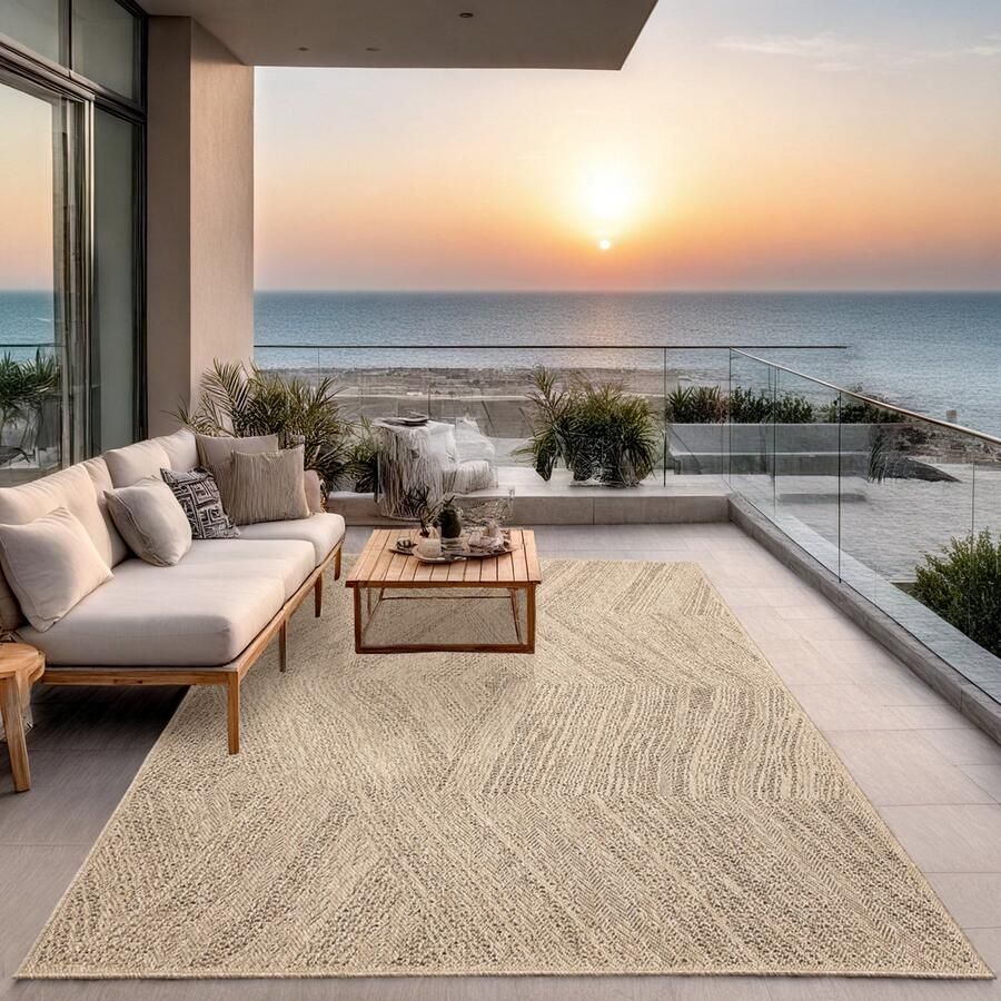 The carpet Kansas – Robuust In- en Outdoor vloerkleed natuurlijk jute-look met visueel patroon weerbestendig geschikt voor terras en tuin naturel 60 x 90 cm