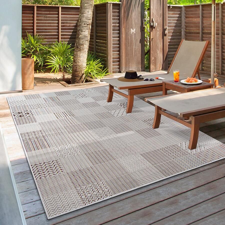 The carpet Lagos robuust buitentapijt modern weerbestendig & UV-bestendig voor balkon terras en serre maar ook geschikt voor de keuken vlak geweven Cream 120 x 170 cm