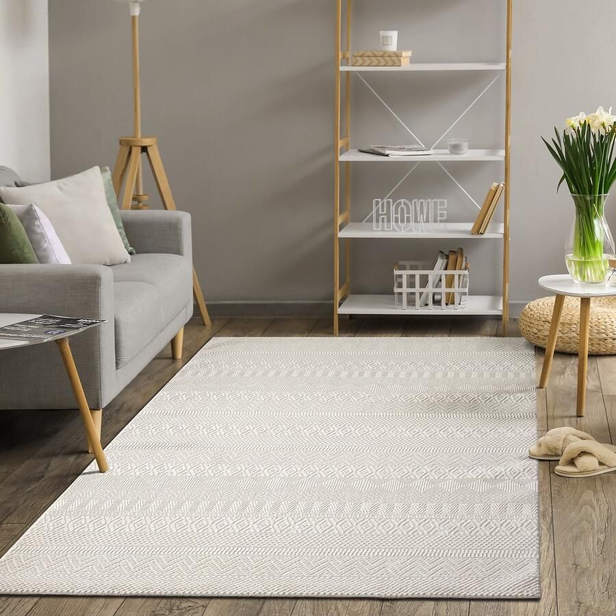 The carpet Lima – duurzaam designer vloerkleed wasbaar & onderhoudsvriendelijk 3D-structuur gerecycled polyester crème 200 x 290 cm