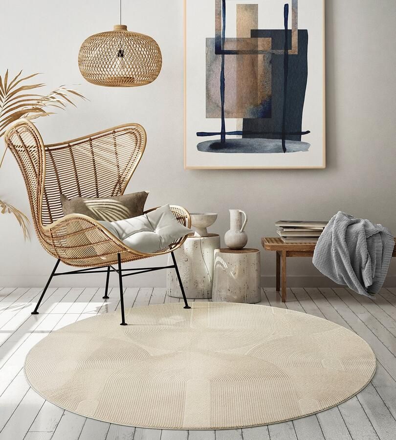 The carpet Lima duurzaam en milieubewust designtapijt zacht en onderhoudsvriendelijk 3D-effect wasbaar pool van 100% gerecycled polyester L Beige 160 cm rond