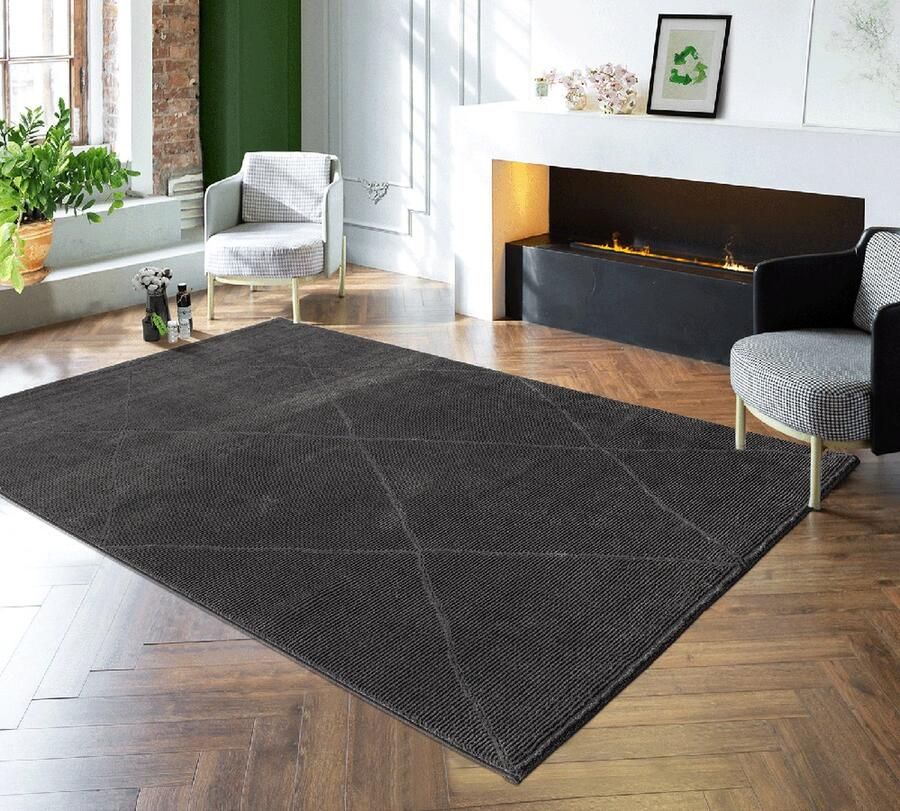 The carpet Lima duurzaam en milieubewust designtapijt zacht en onderhoudsvriendelijk 3D-effect wasbaar pool van 100% gerecycled polyester Anthracite 160 x 230 cm