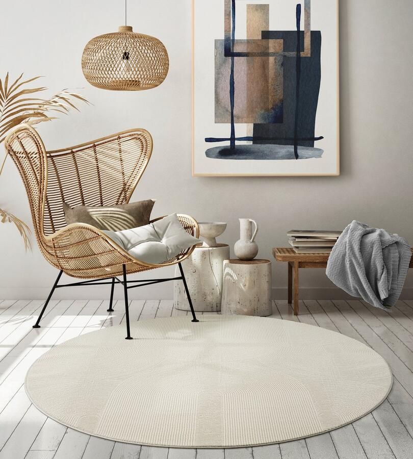The carpet Lima duurzaam en milieubewust designtapijt zacht en onderhoudsvriendelijk 3D-effect wasbaar pool van 100% gerecycled polyester Cream 160 cm rond