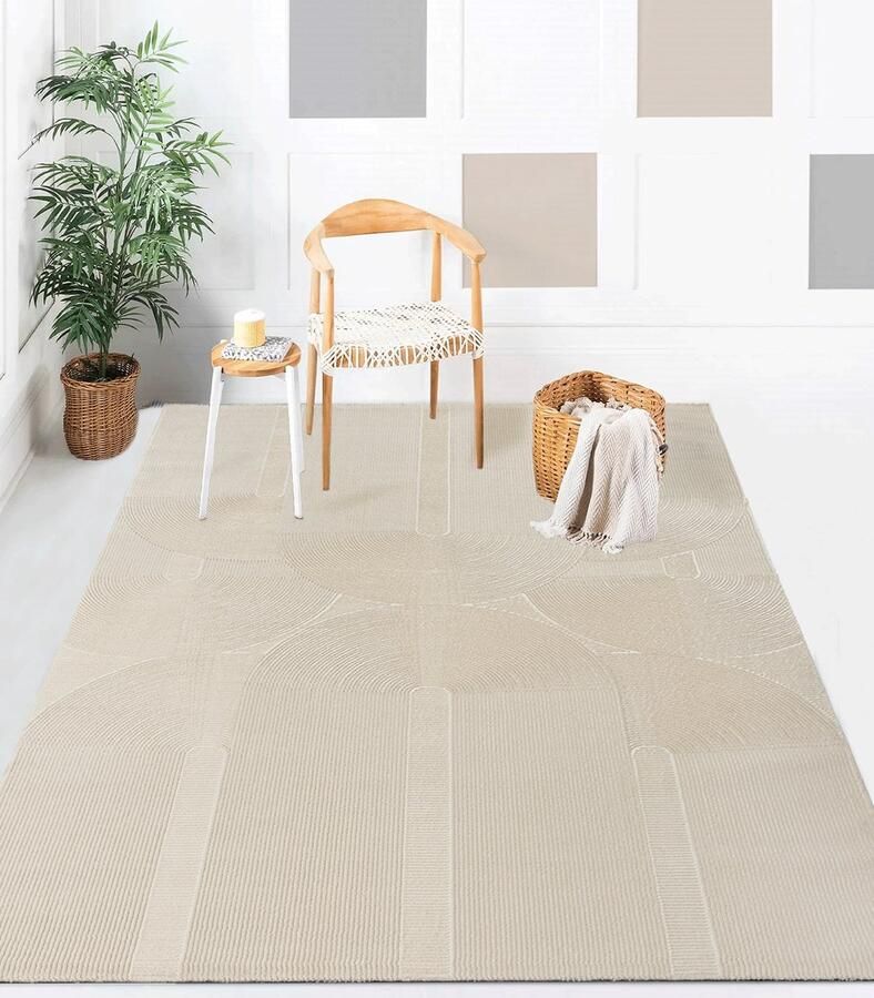 The carpet Lima duurzaam en milieubewust designtapijt zacht en onderhoudsvriendelijk 3D-effect wasbaar pool van 100% gerecycled polyester L Beige 160 x 230 cm - Foto 2
