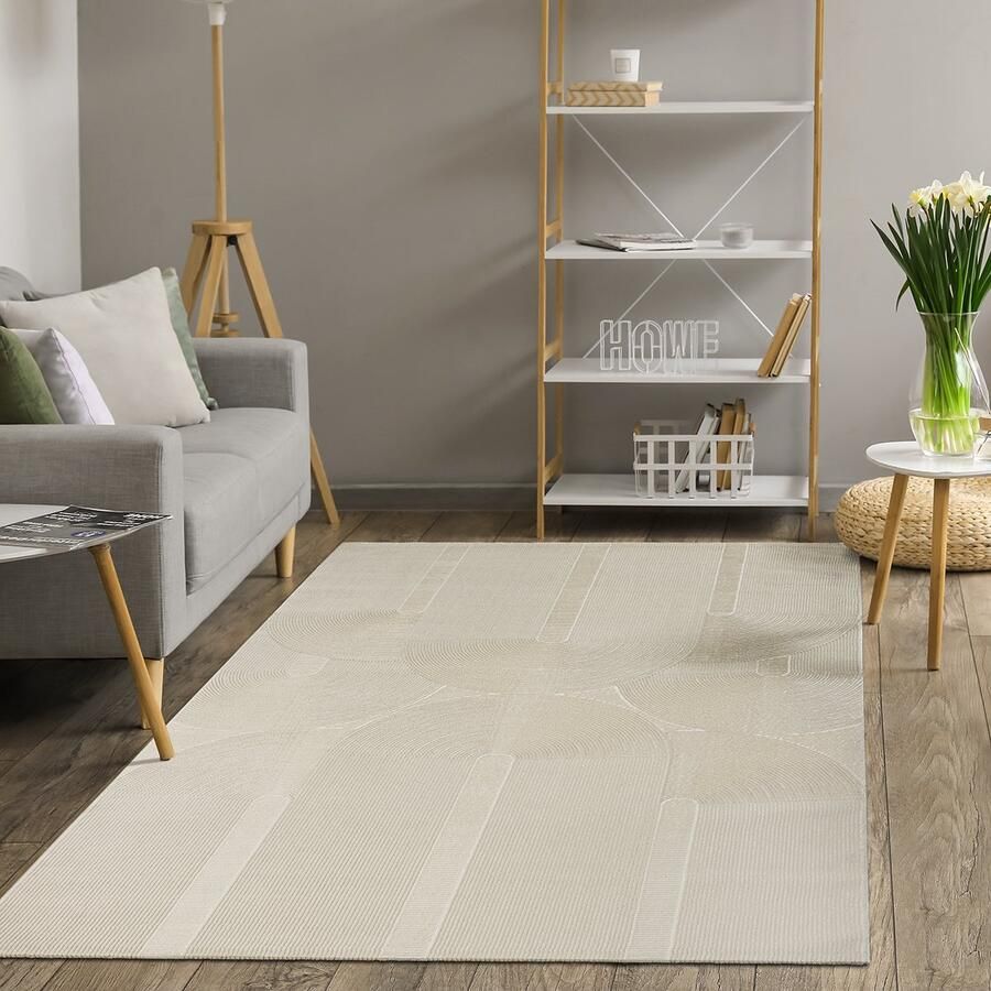The carpet Lima duurzaam en milieubewust designtapijt zacht en onderhoudsvriendelijk 3D-effect wasbaar pool van 100% gerecycled polyester L Beige 120 x 170 cm