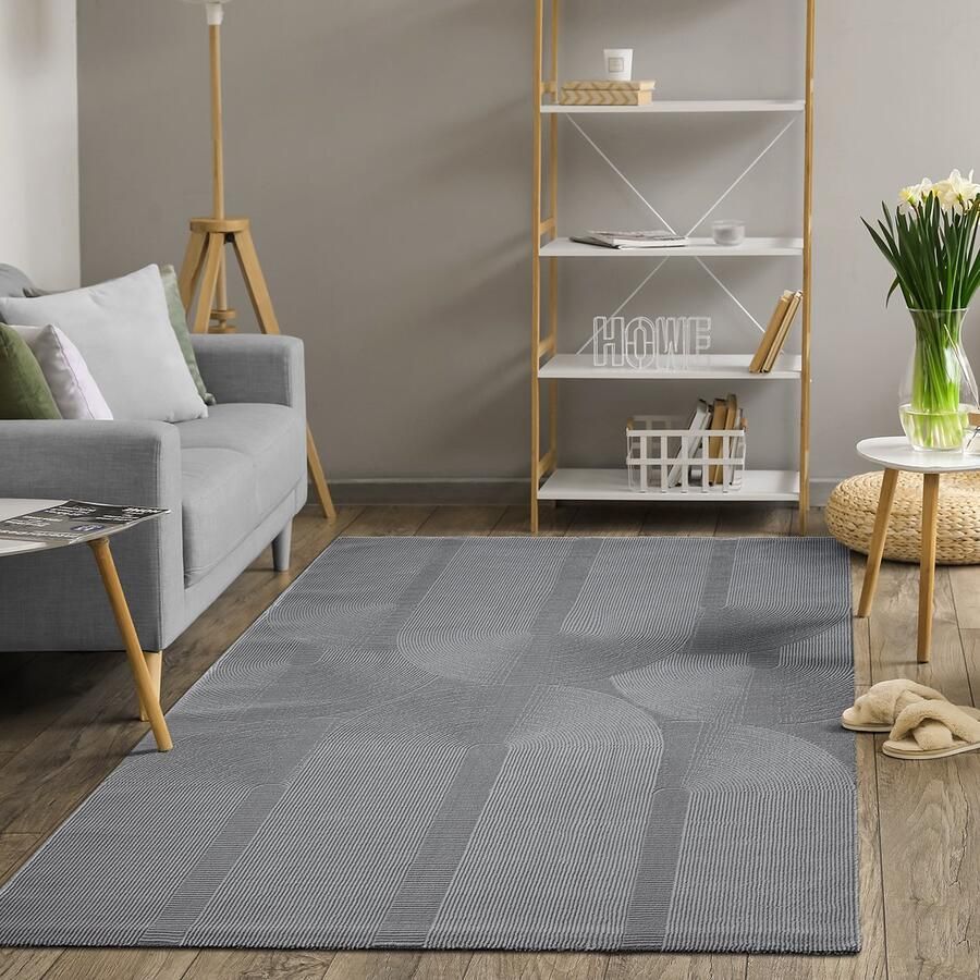 The carpet Lima duurzaam en milieubewust designtapijt zacht en onderhoudsvriendelijk 3D-effect wasbaar pool van 100% gerecycled polyester Grey 200 x 290 cm