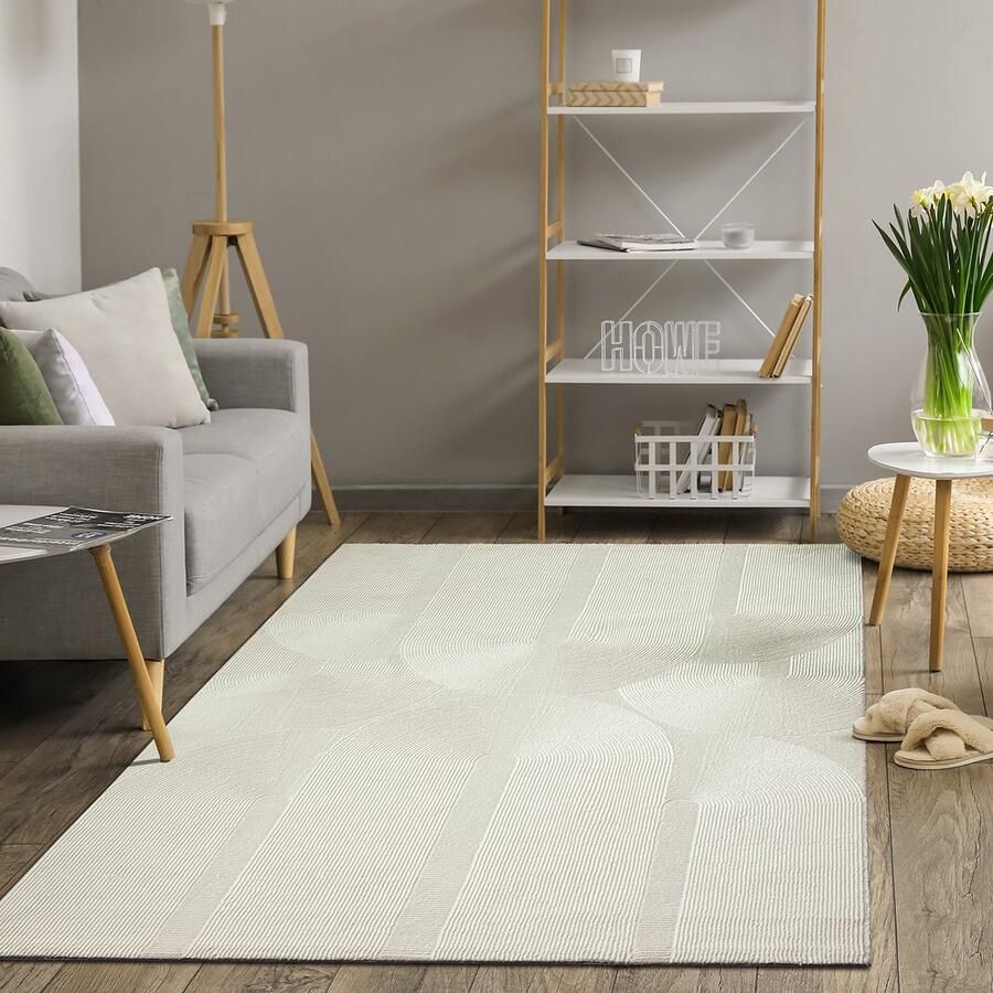 The carpet Lima duurzaam en milieubewust designtapijt zacht en onderhoudsvriendelijk 3D-effect wasbaar pool van 100% gerecycled polyester Cream 200 x 290 cm