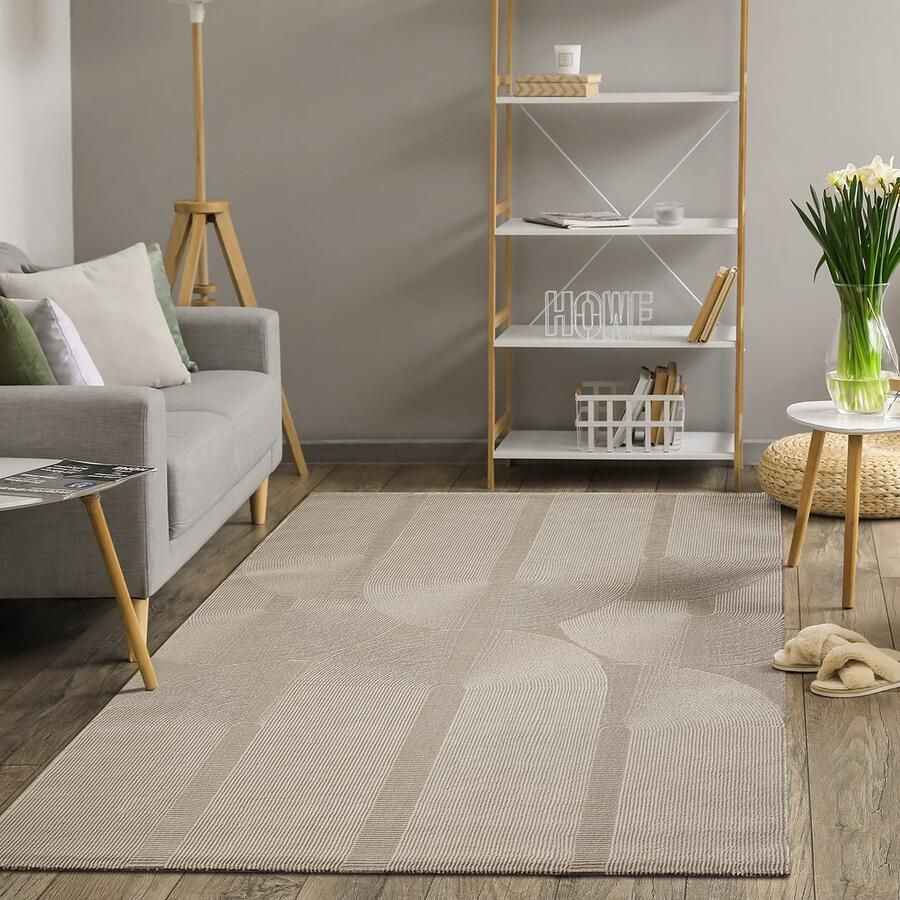 The carpet Lima duurzaam en milieubewust designtapijt zacht en onderhoudsvriendelijk 3D-effect wasbaar pool van 100% gerecycled polyester Beige 200 x 290 cm
