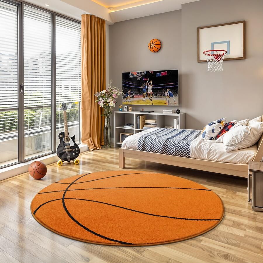 The carpet Lou Zachte Knuffelbare Kinderkleed Speelkleed Basketbal Motief Oranje 120 cm Rond Zachte Knuffelstructuur Onderhoudsvriendelijk Kleurecht
