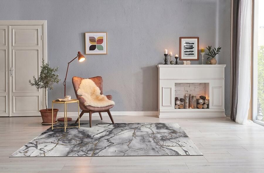 The carpet Marmer Modern dichte korte pool woonkamer slaapkamer vlorkleed designer tapijt elegante glans glanzende vezel pluizig modieus marmer look abstract Gold 80 x 300 cm