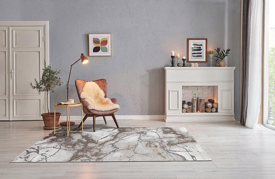 The carpet Marmer Modern dichte korte pool woonkamer slaapkamer vlorkleed designer tapijt elegante glans glanzende vezel pluizig modieus marmer look abstract Beige 80 x 300 cm