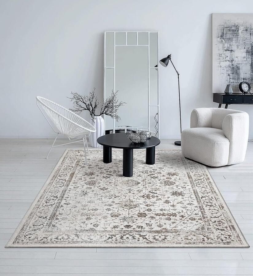Karpet24 the carpet Vloerkleed Mila Modern dik kortpolig tapijt woonkamer slaapkamer elegante glans glanzende vezel hoog-laag effect rand crème 120 x 170 cm
