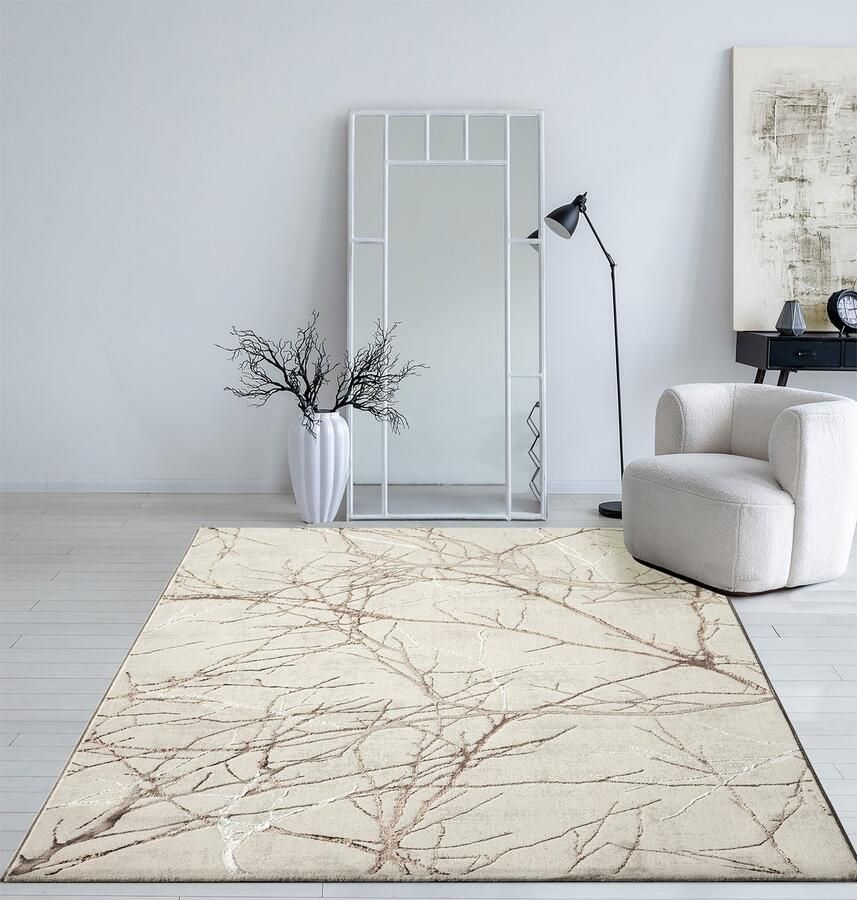 The carpet Vloerkleed Mila modern tapijt woonkamer elegant glanzend kortpolig woonkamer tapijt in crème met gouden bliksem patroon tapijt 160 x 230 cm