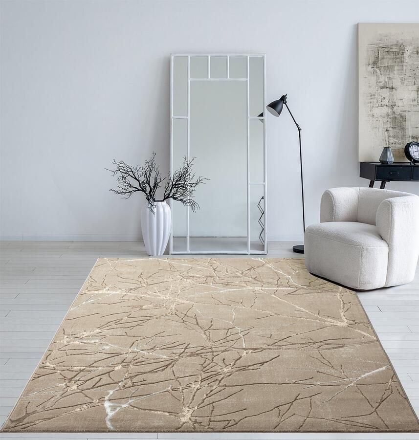 The carpet Vloerkleed Mila Modern Dicher Short Pile Rug Woonkamer Slaapkamer Elegant Gloss Fibre High-Low Effect Lightning Effect Beige Gold 140 x 200 cm
