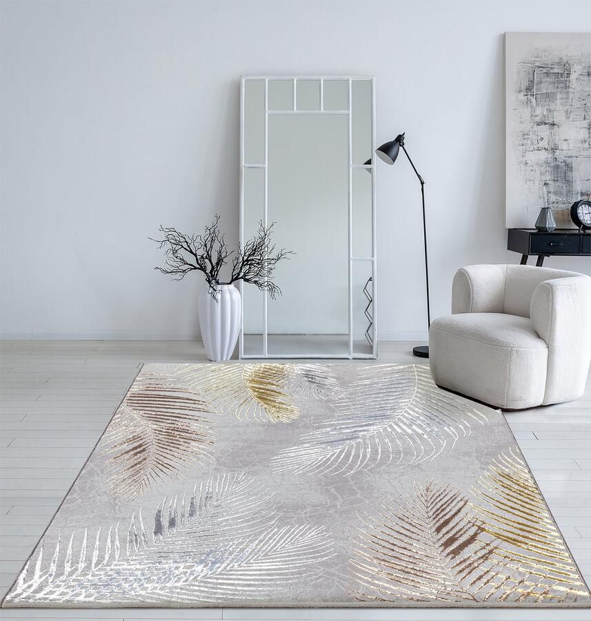 The carpet Vloerkleed Mila Modern dik kortpolig tapijt woonkamer slaapkamer elegante glans glanzende vezel hoog-laag effect veer grijs 140 x 200 cm