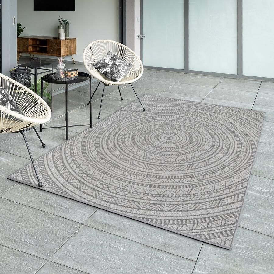 The carpet Mistra – robuust buitentapijt weerbestendig & modern voor balkon terras of keuken antraciet met etnisch rond patroon 80 x 150 cm
