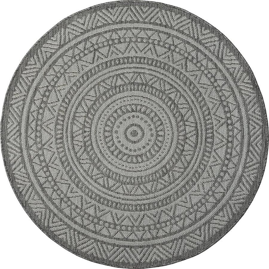 The carpet Mistra – robuust buitentapijt weerbestendig & modern voor balkon terras of keuken antraciet met etnisch rond patroon 160 cm rond