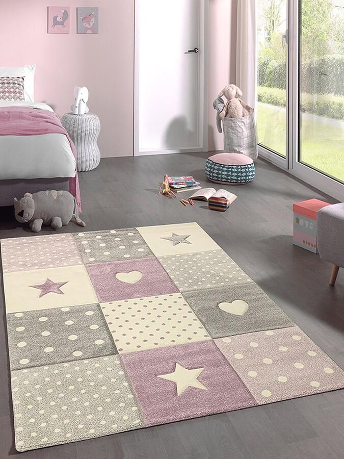 The carpet Monde Kids – zacht kindertapijt met harten sterren en stippen korte pool onderhoudsvriendelijk en allergievriendelijk lila 160 x 230 cm