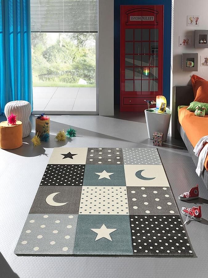 The carpet Monde Kids – zacht kindertapijt met sterren manen en stippen onderhoudsvriendelijk en kleurecht blauw grijs 120 x 170 cm