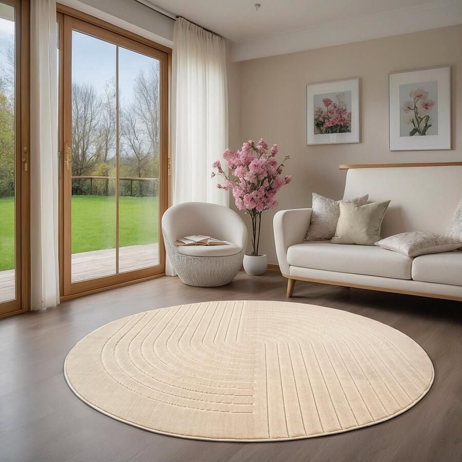 The carpet Parma – Stilvoller Hoch-Tief-Kurzflorteppich robust pflegeleicht und für Innen- und Außenbereiche beige rond 120 cm