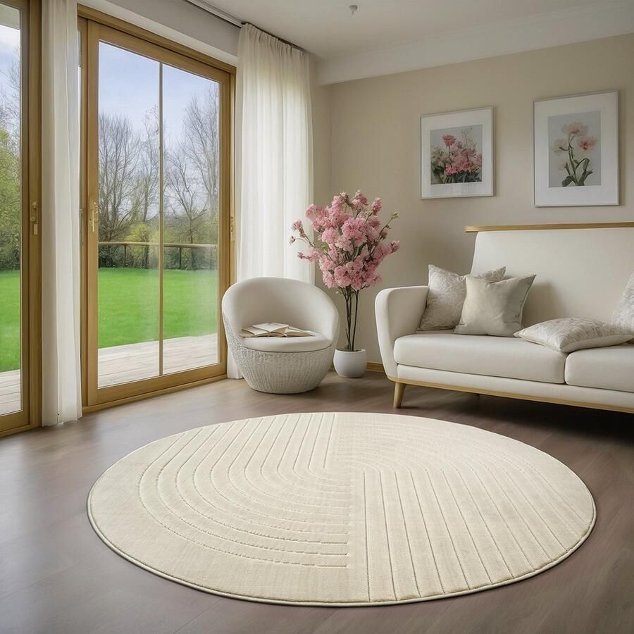 The carpet Parma – Stilvoller Hoch-Tief-Kurzflorteppich robust pflegeleicht und für Innen- und Außenbereiche crème rond 120 cm