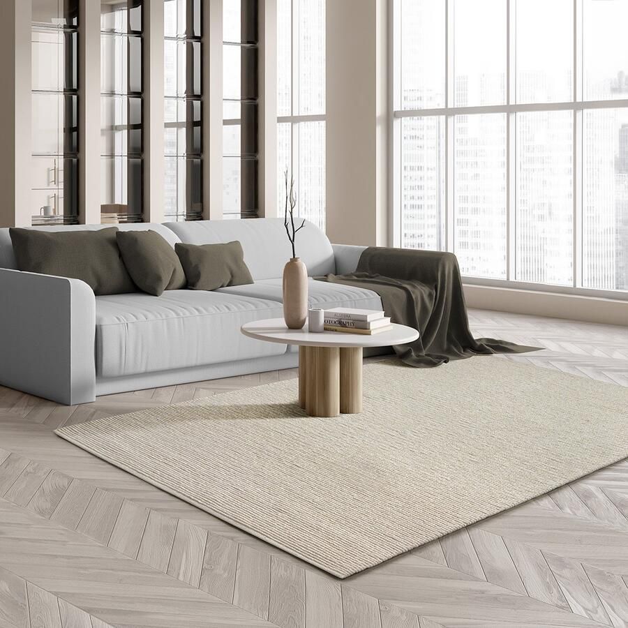 The carpet Premium Wool handgeweven tapijt van natuurlijke wol elegantie in Scandinavische platweefstijl Crème 240 x 340
