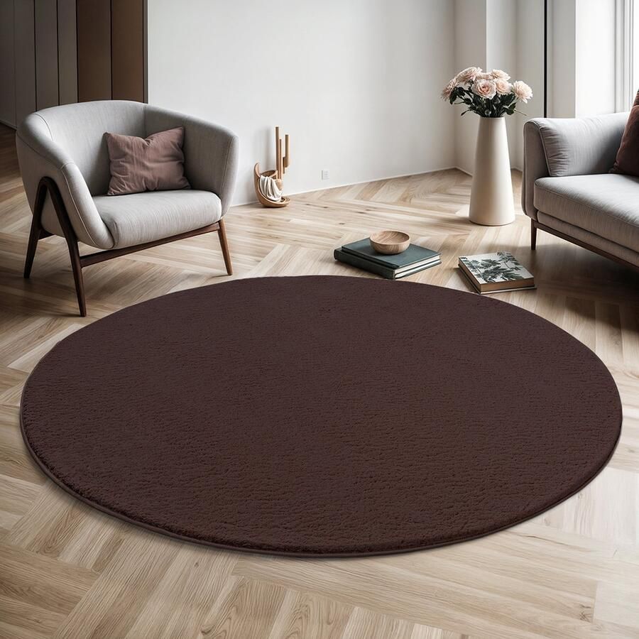 The carpet Relax – Extra Zacht & Wasbaar Vloerkleed tot 30°C met Antislip Onderzijde – Fluweelachtige Structuur – Voor Slaapkamer of Woonkamer – Bruin 120 cm rond
